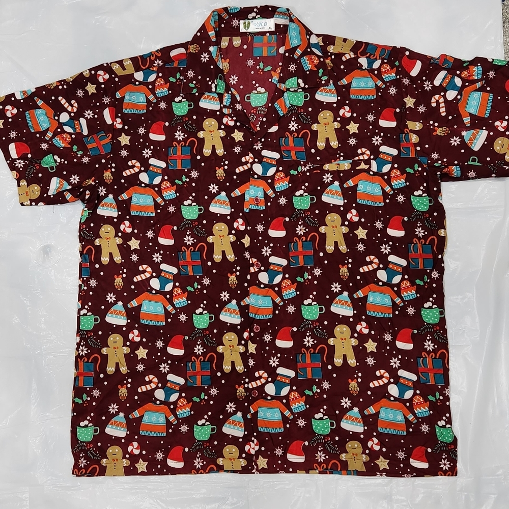 V.H.O. Christmas gingerbread men's button down camp shirt size XL